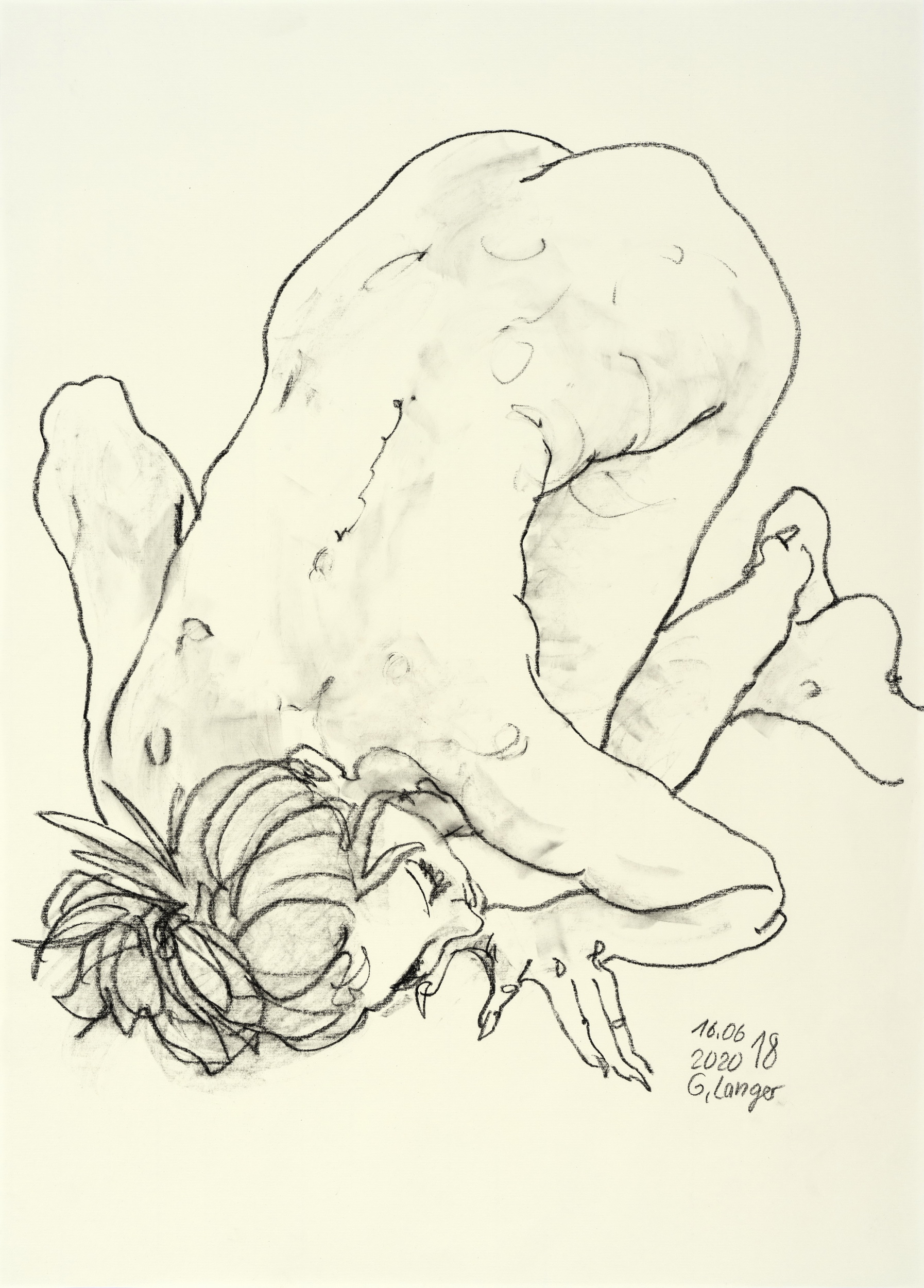 Gunter Langer, Kniender Mädchenakt, 2020, Kreidezeichnung, Zeichenpapier, 70 x 50 cm